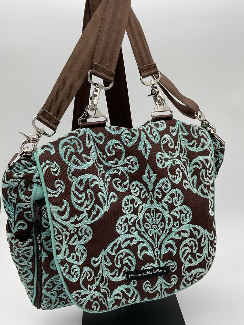 Petunia Pickle Bottom Brown and Aqua Damask Convertible Diaper Shoulder Bag